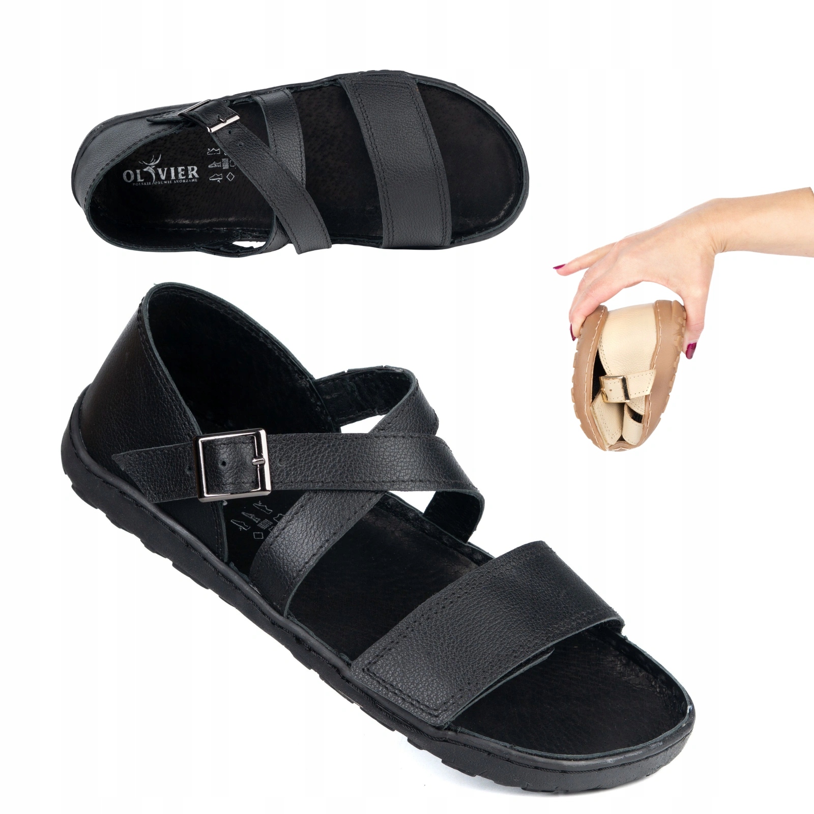 Sandały damskie barefoot skórzane Olivier Talia szeroki przód czarne 43