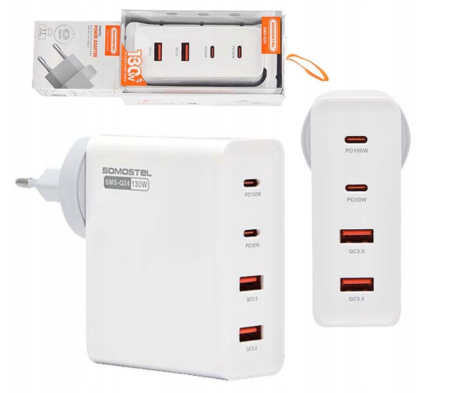 Rychlá Síťová Nabíječka 130W 2xUSB-C 2xUSB 3.0QC Pd 100W Rychlá Výkonná