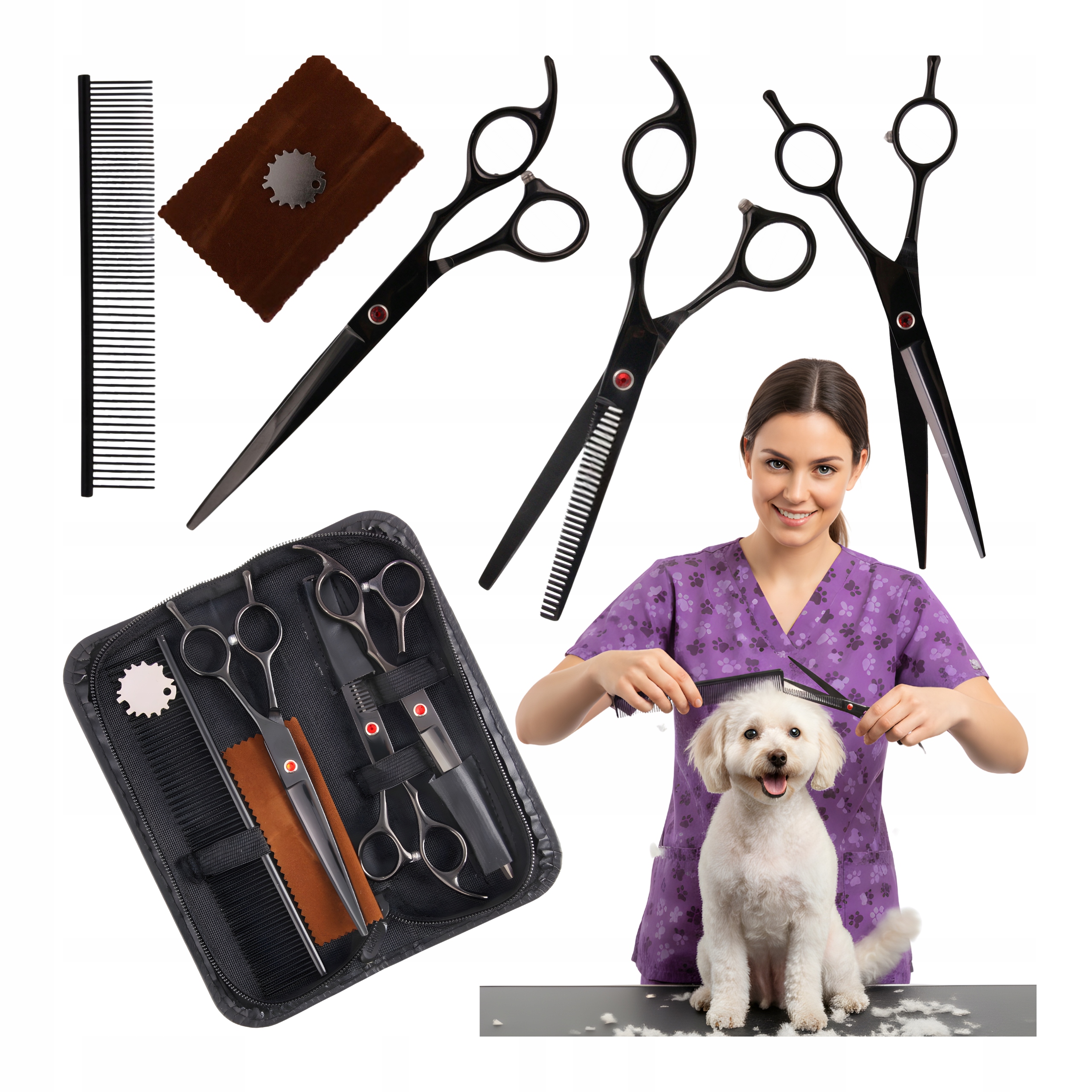 Nożyczki dla Psa Groomerskie Fryzjerskie Grzebień Zestaw 3+1 Gięte Ostre 7"