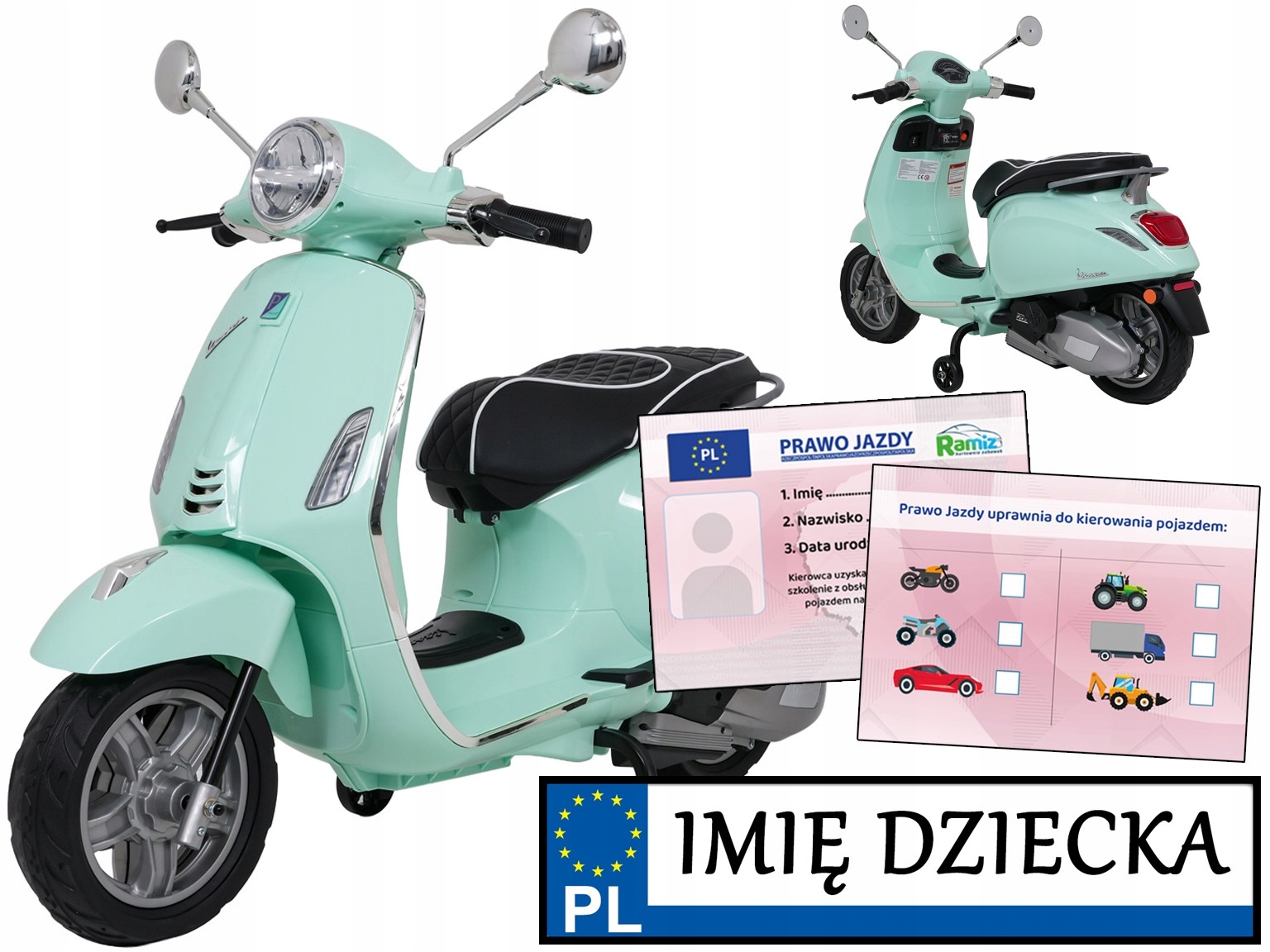 motor elektryczny na akumulator dla dziewczynki Skuter Vespa Roma +koła Eva