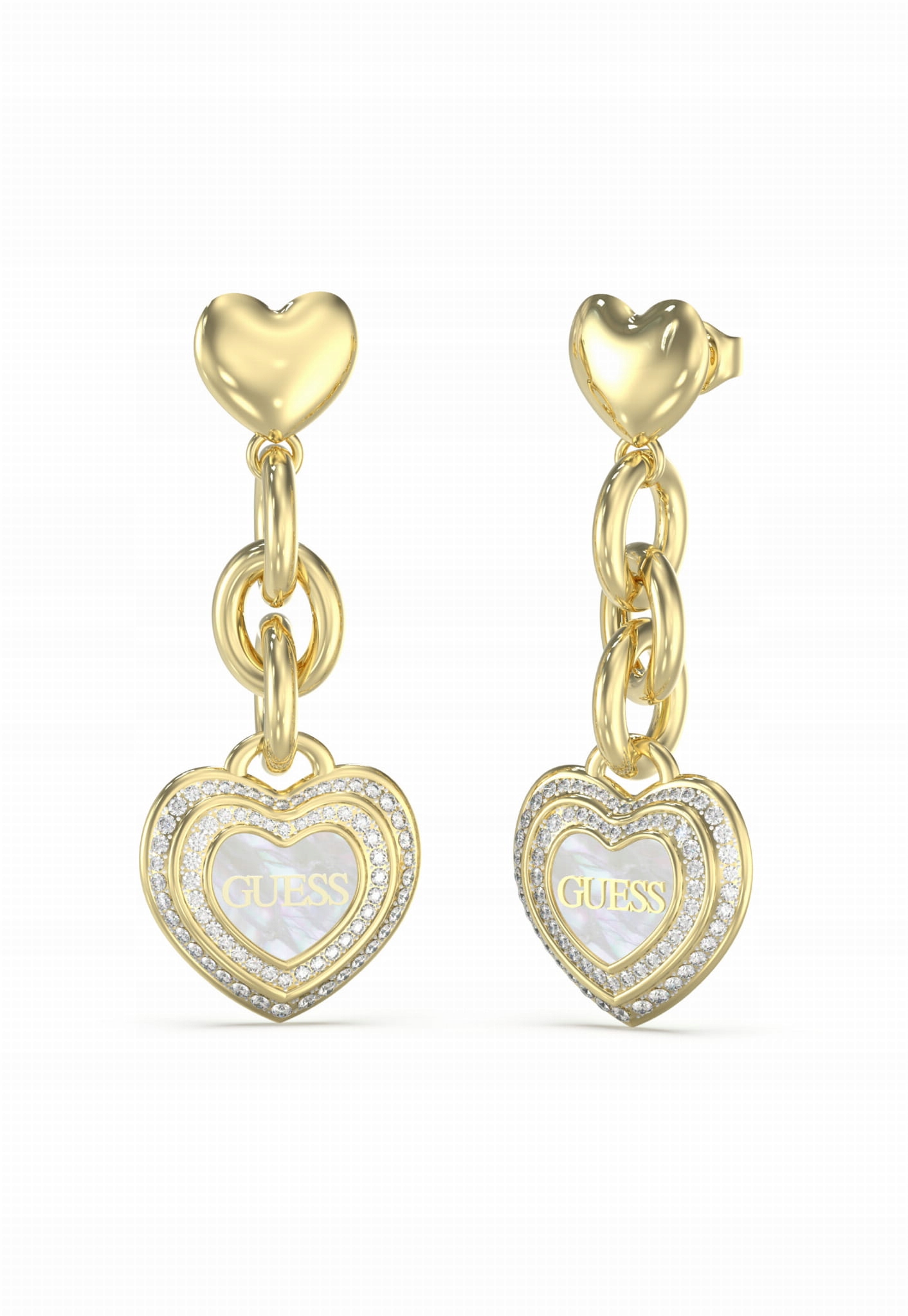 Náušnice Guess Amami Závěsné srdce Ocel pozlacené Zirkony Logo Dýka
