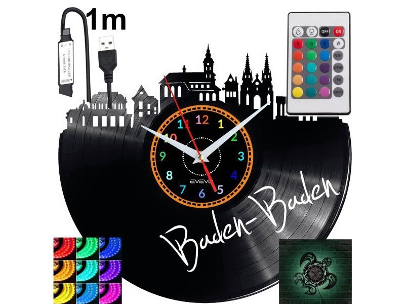Baden-Baden Nástěnné hodiny s Rgb Led podsvícením na dálkové ovládání Vinylová deska Now