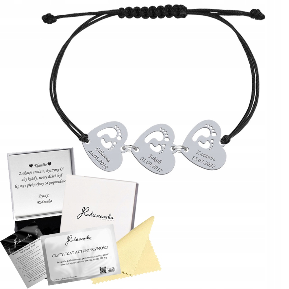 Stříbrný náramek Nohy Srdce Jméno dítěte Dárek pro maminku Narozeniny 925