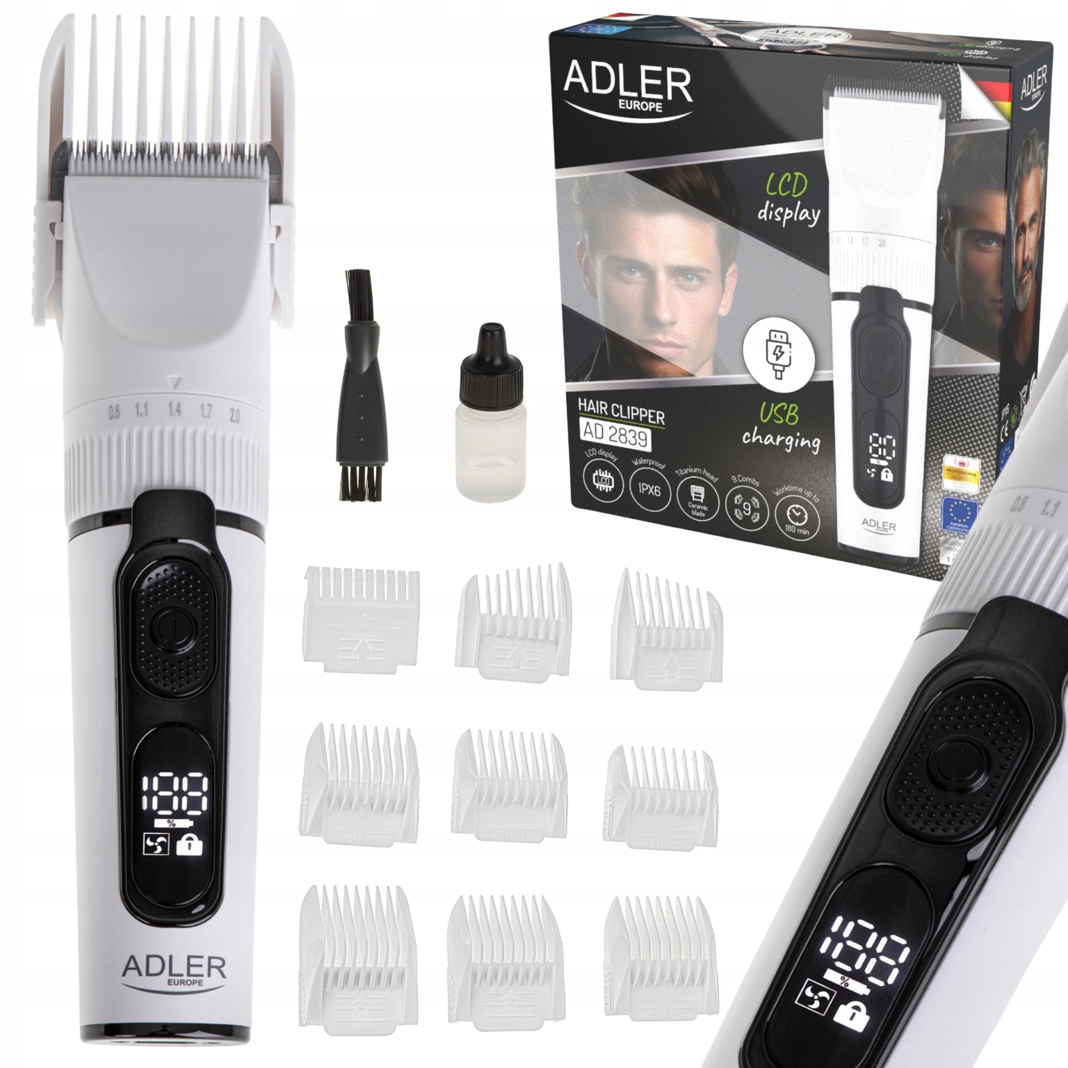bezprzewodowa Strzyżarka do włosów Led 9 nasadek IPX6 Adler AD2839