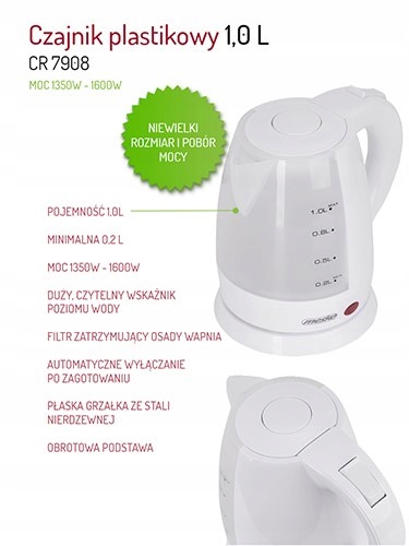 MS 1276 Czajnik Plastikowy 1,0 L - Filtr, Automatyczne Wyłączanie