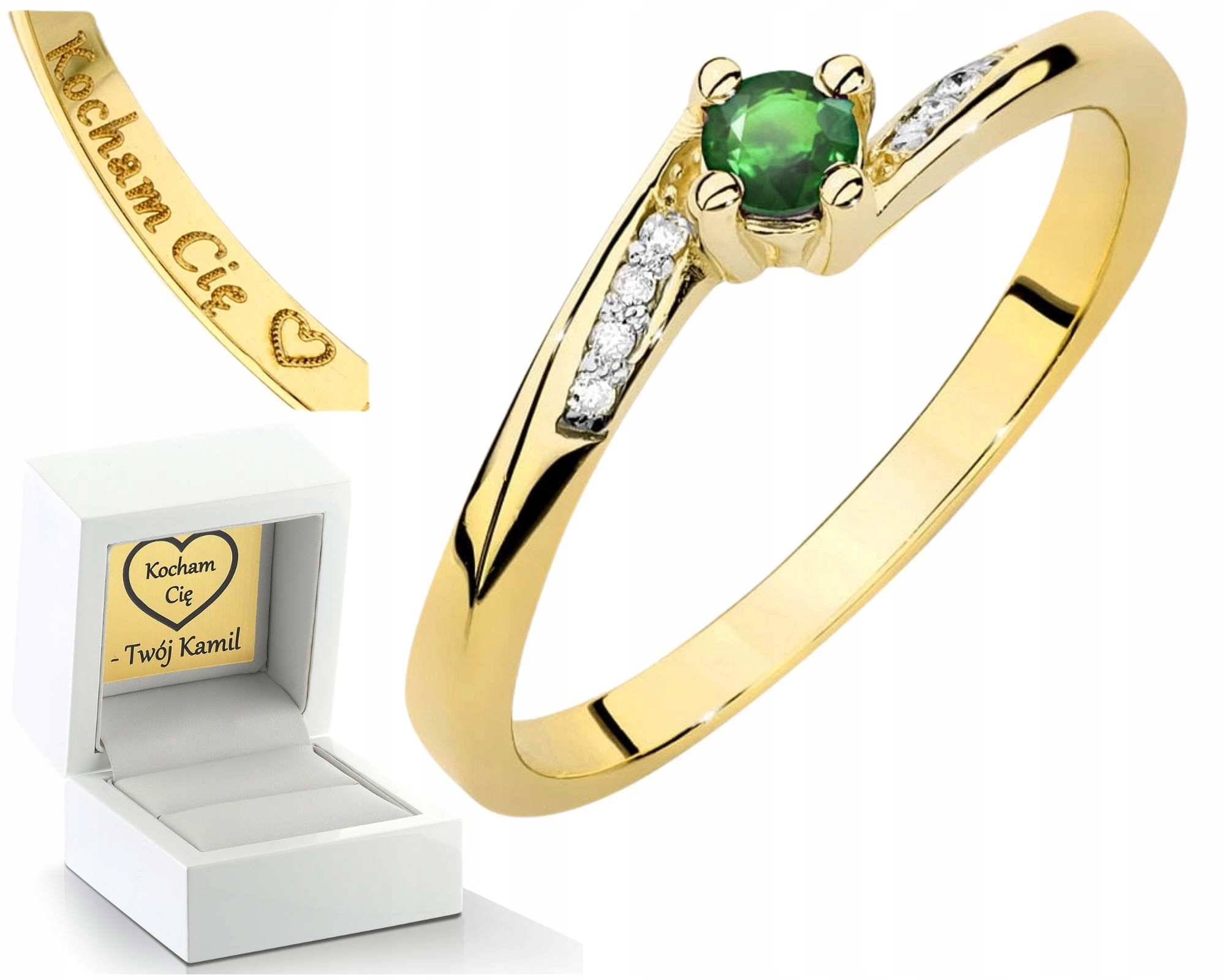 Zlatý Prstýnek Smaragd A Diamanty Zlato 585 Gravírování Dárek