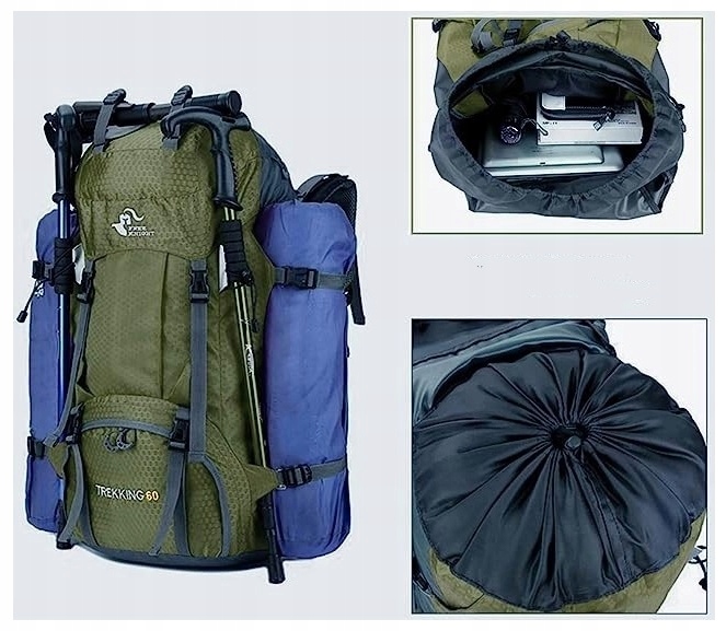 odolný, prostorný, voděodolný batoh o objemu 60 litrů khaki horský