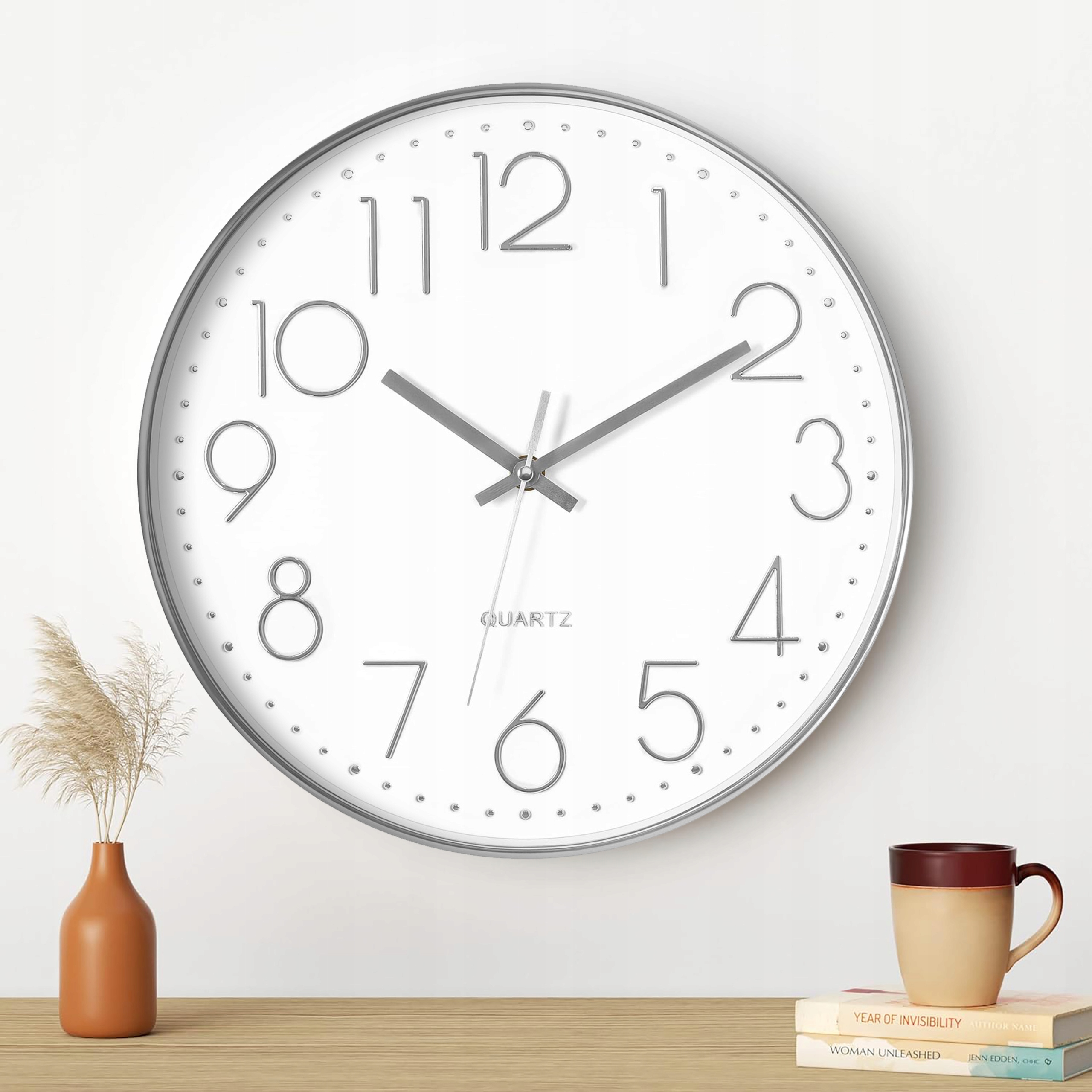 ZEGAR ŚCIENNY DUŻY OKRĄGŁY BEZGŁOŚNY SREBRNY CZYTELNY 30 cm NA ŚCIANĘ Szerokość całkowita 30 cm