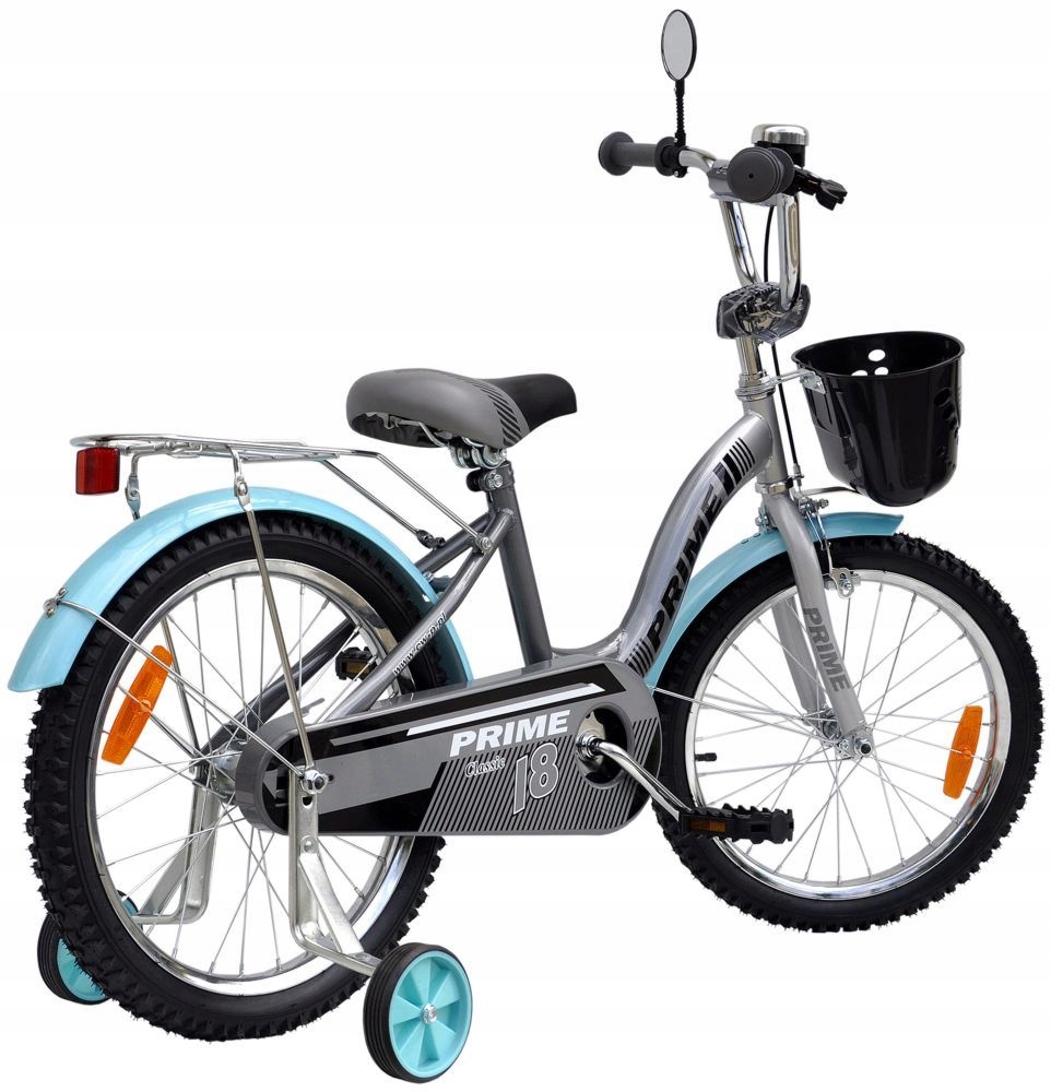 Rower dziecięcy 18 cali PRIME Classic GREY/Turquoise + koszyk, bagażnik Rozmiar ramy mniejsza