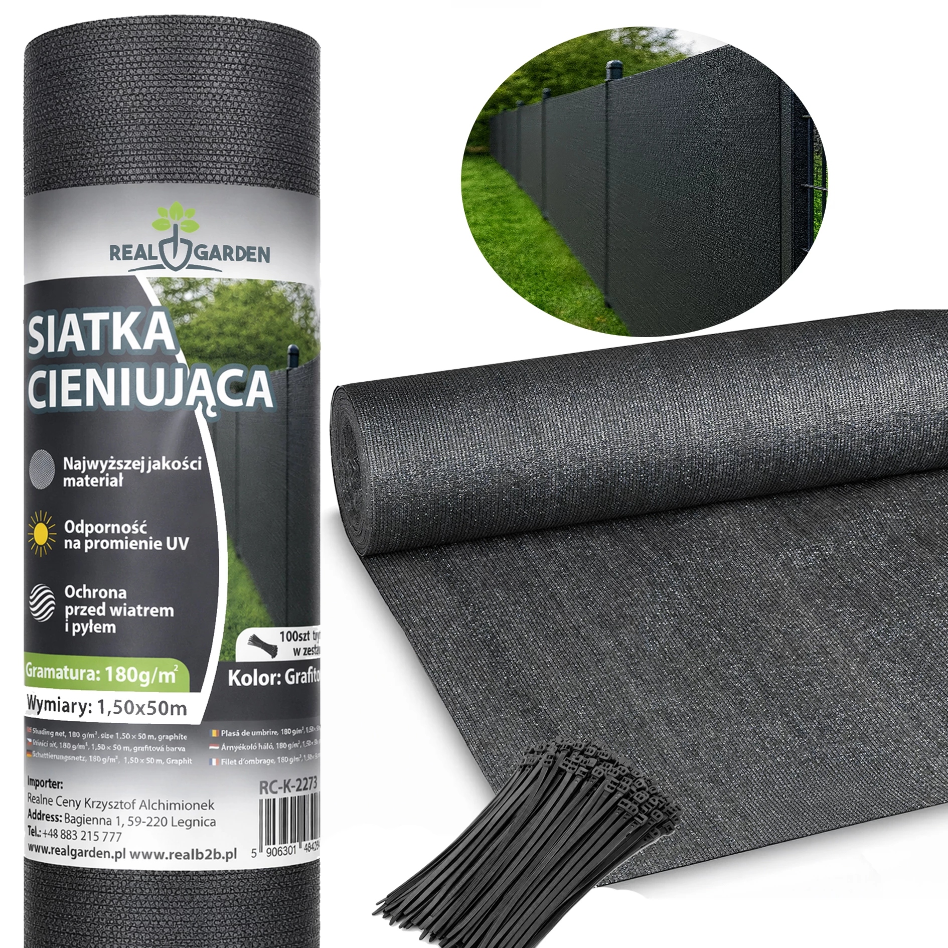 Siatka Cieniująca 1,5x50m Maskująca 95% na Ogrodzenie Płot Uv 180g Opaski