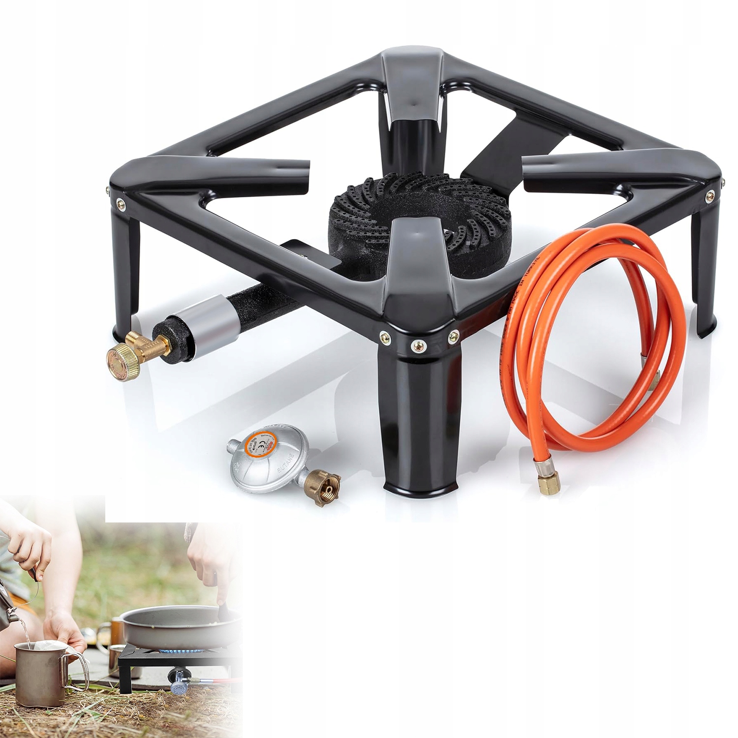 Plynová Stolička vařič Hořák 8kW 40x40 regulátor baru hadice 150 cm