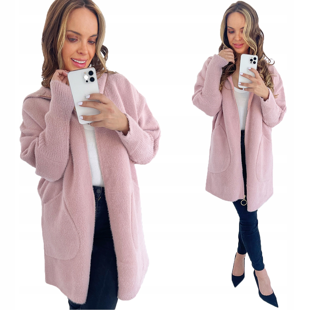 Klasický Teplý Kabát Z Alpaky Na Zip, Barvy Pudrová Růžová