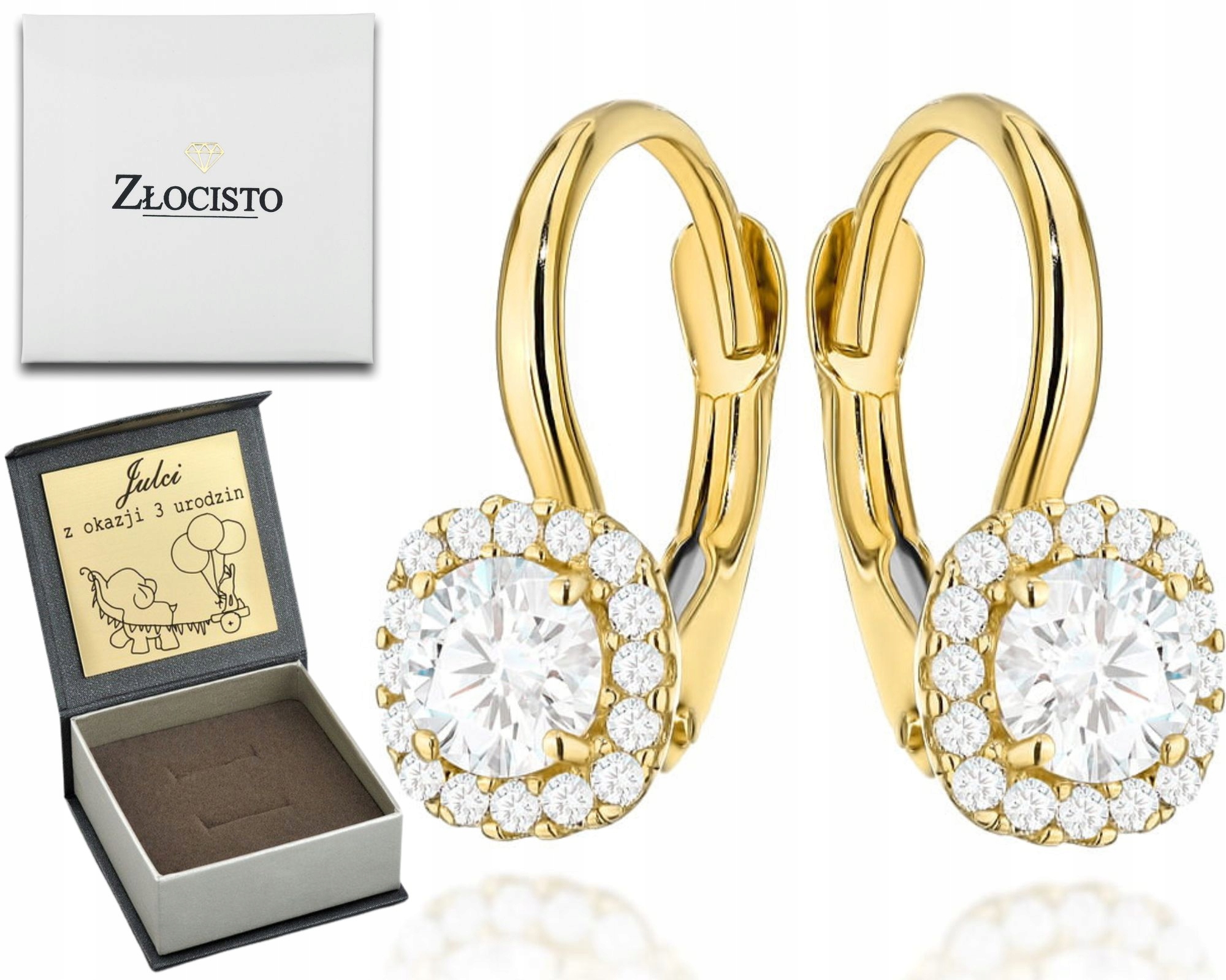 Zlaté Náušnice Se Čtvercovým Kamenem A Zirkony 585 Gravírování Dárek