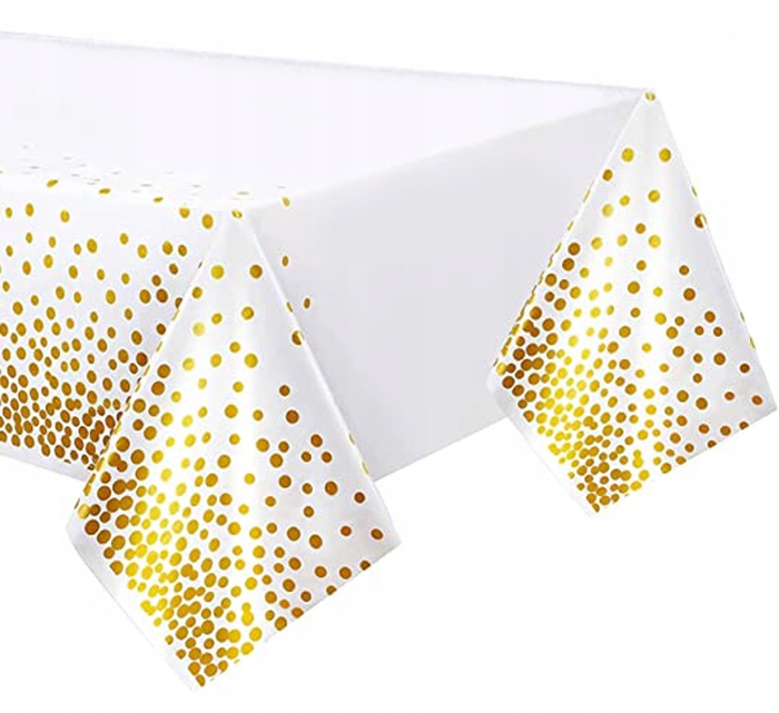 Obrus foliowy BIAŁY w złote kropki konfetti stół jednorazowy urodziny DUŻY