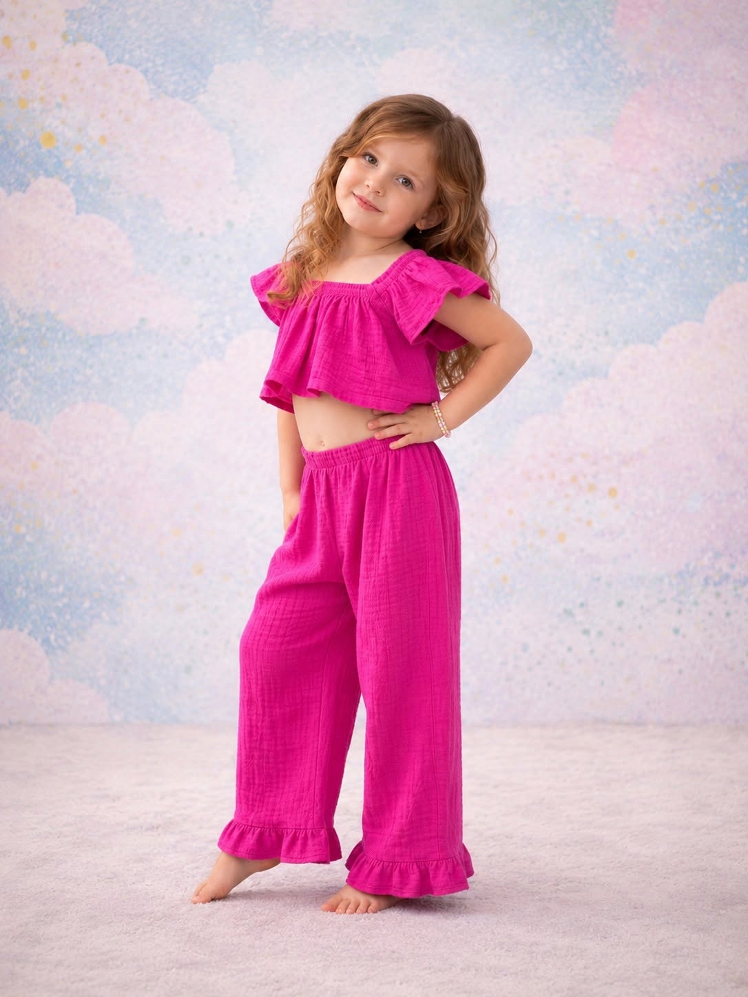 Star Kids Komplet dziewczęcy Róż-Fuksja Muślina Top+dzwony Bawełna Rozm.128