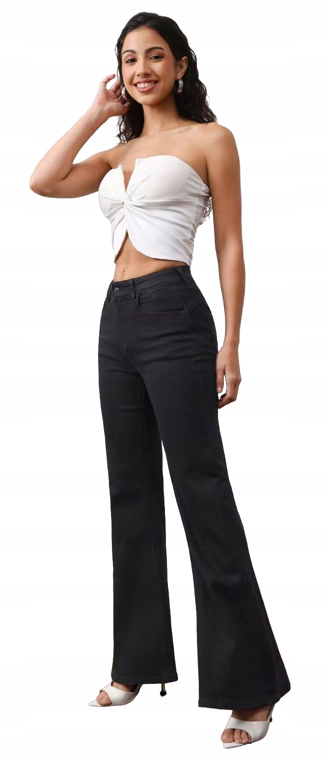 Dzwony Wyszczuplające Damskie Spodnie Jeansowe Czarne Push Up 38 M