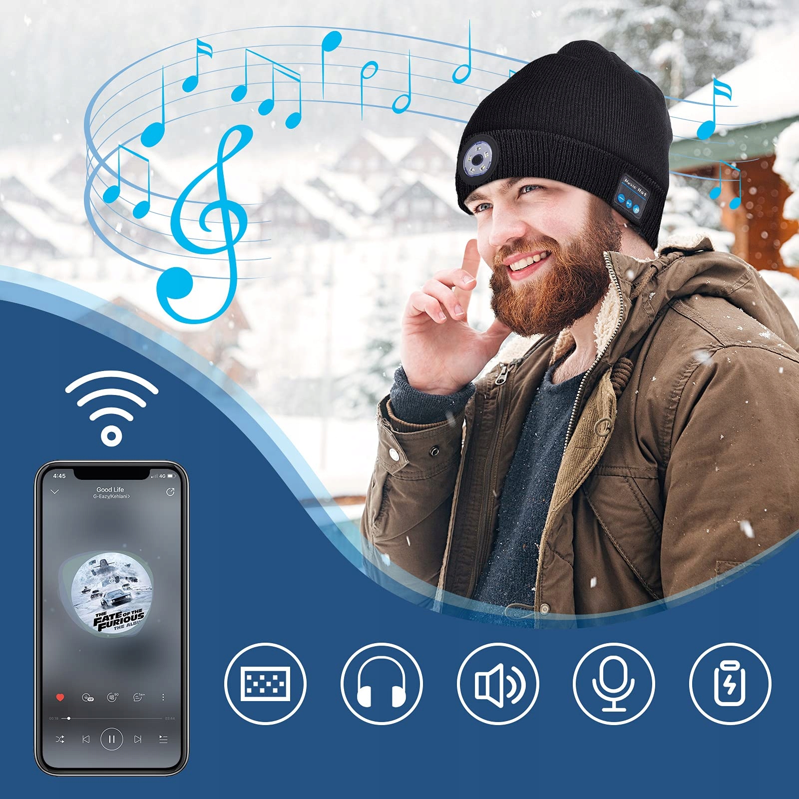 CZAPKA Z SŁUCHAWKAMI I ROBOCZA LATARKA LAMPKA LED Wzór dominujący bez wzoru