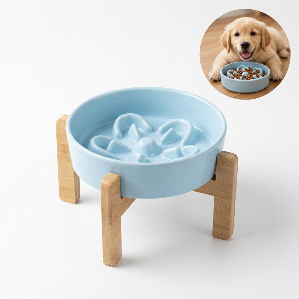 Levně Modrá keramická miska pro psy a kočky na pomalé krmení s dřevěným stojanem