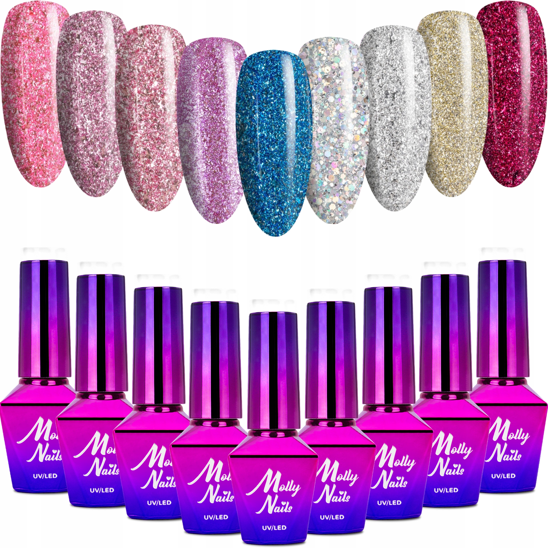 9x Lakier Hybrydowy Mollynails 8g Luxury Glam Zestaw 9w1 Z Drobinkami