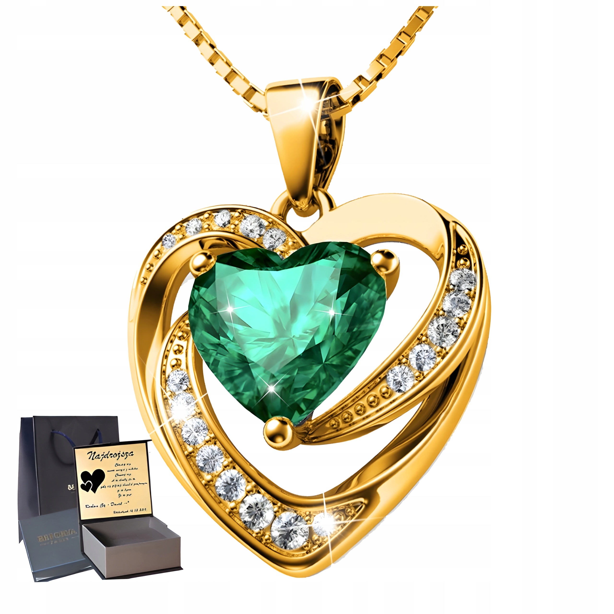 Zlatý náhrdelník Srdce Stříbro 925 s přívěskem Dárek Zirkony Zelený