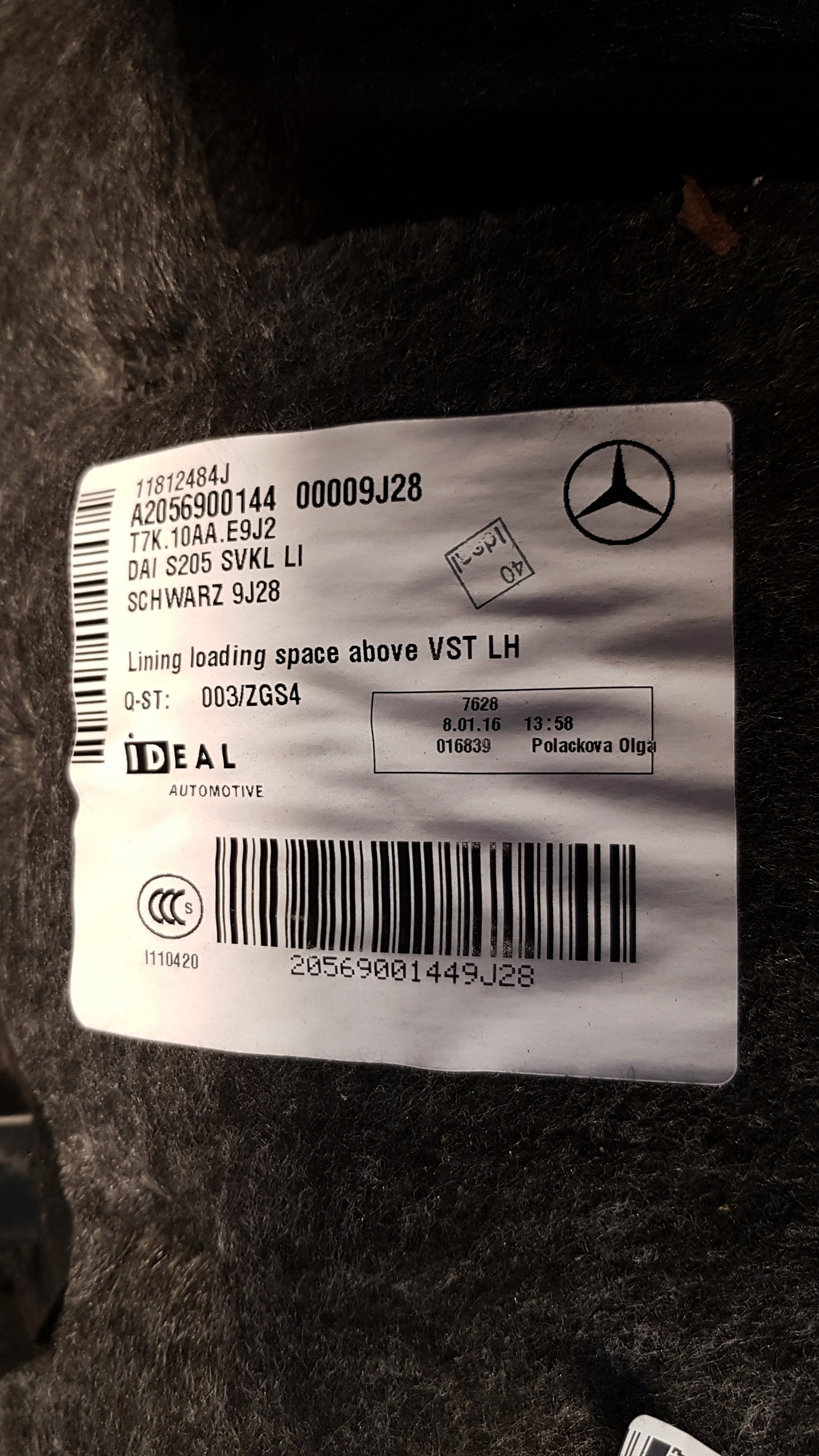 MERCEDES C W205 boot upholstery A2056900144 9J28