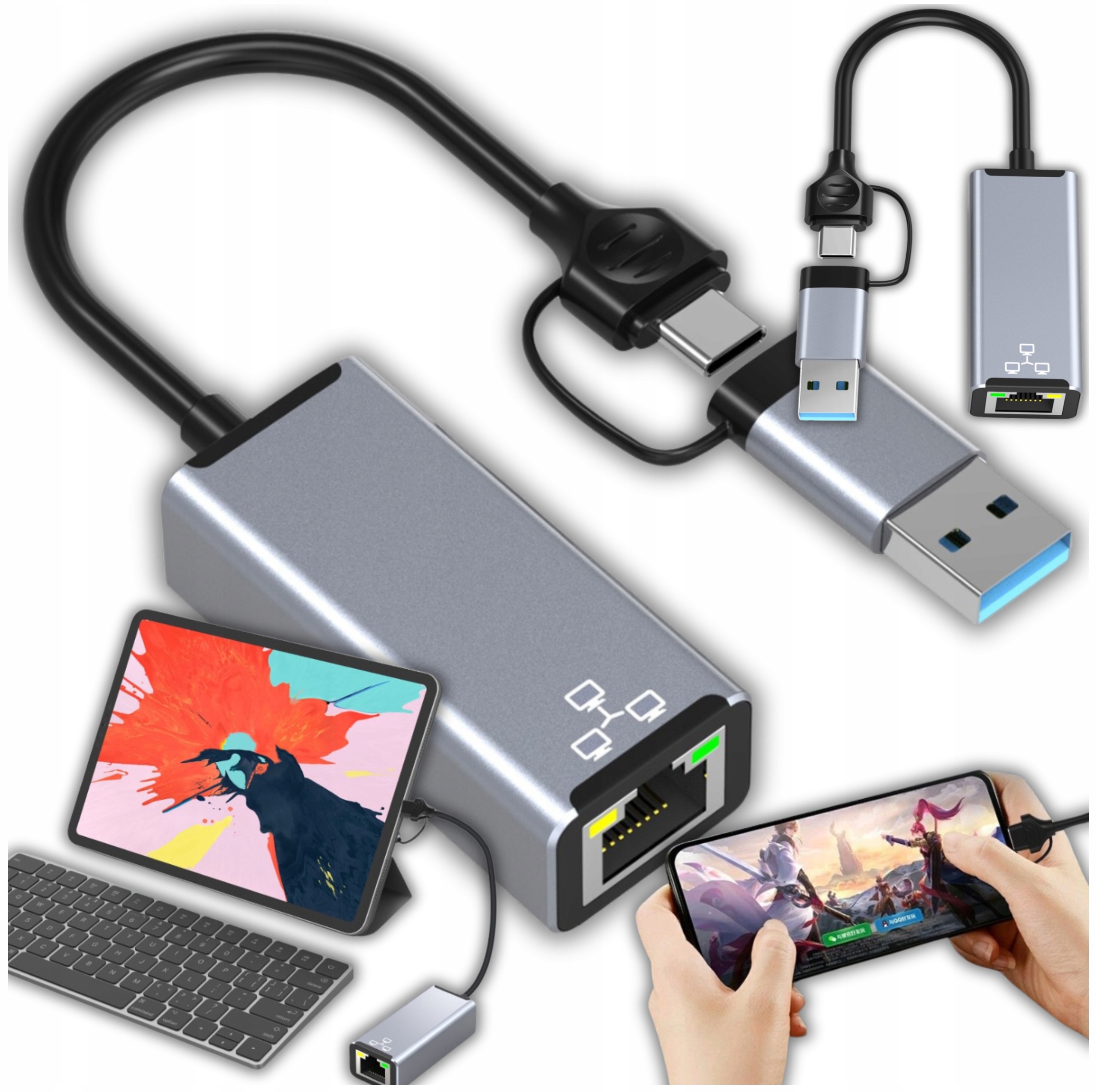 Zewnętrzna karta sieciowa LAN Ethernet RJ45 USB C / USB A, 2 w 1 1000Mbps