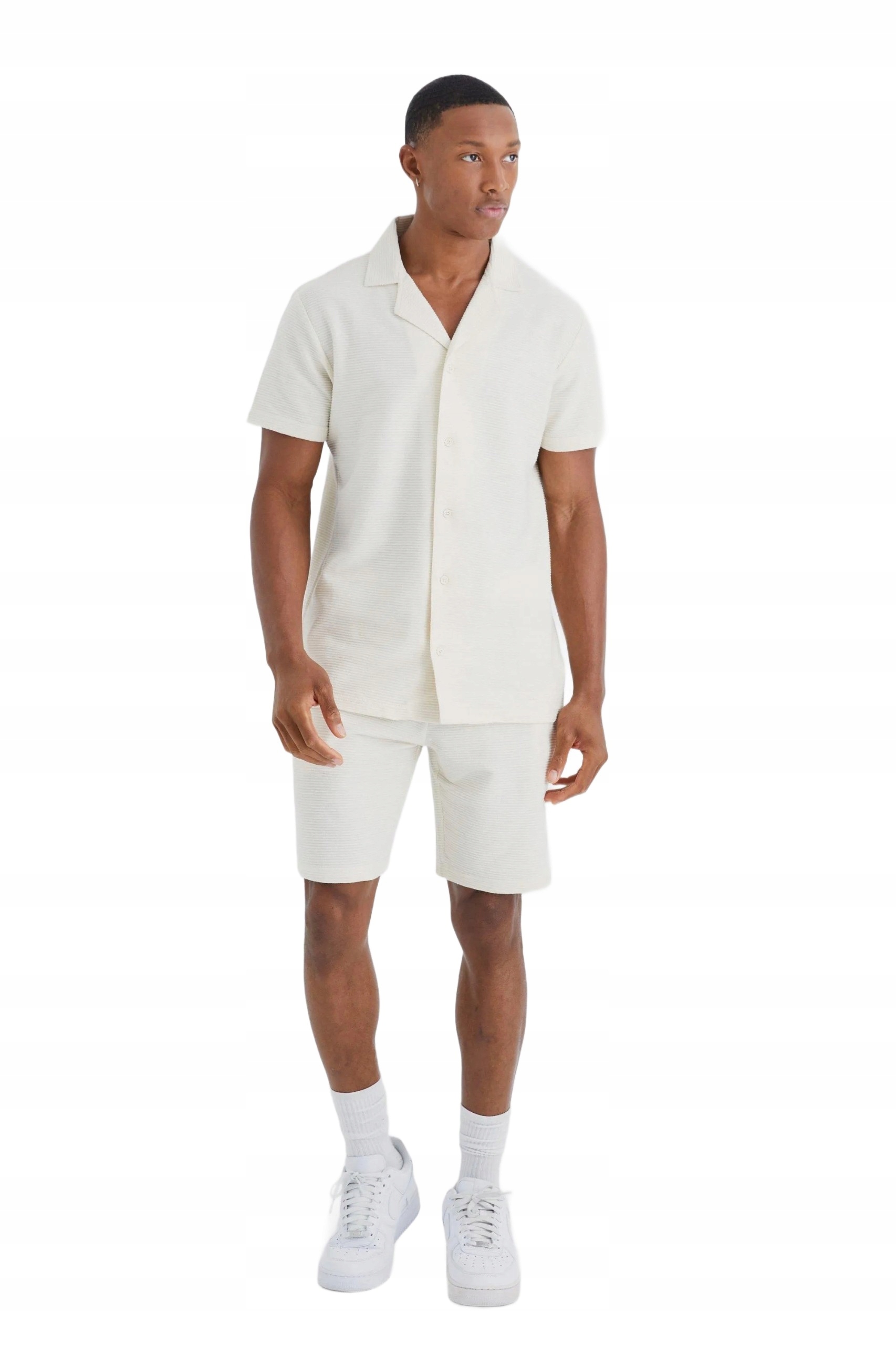 Boohooman Komplet Pánská Košile A Šortky Béžová Bez Vzoru Bavlna L Z3A