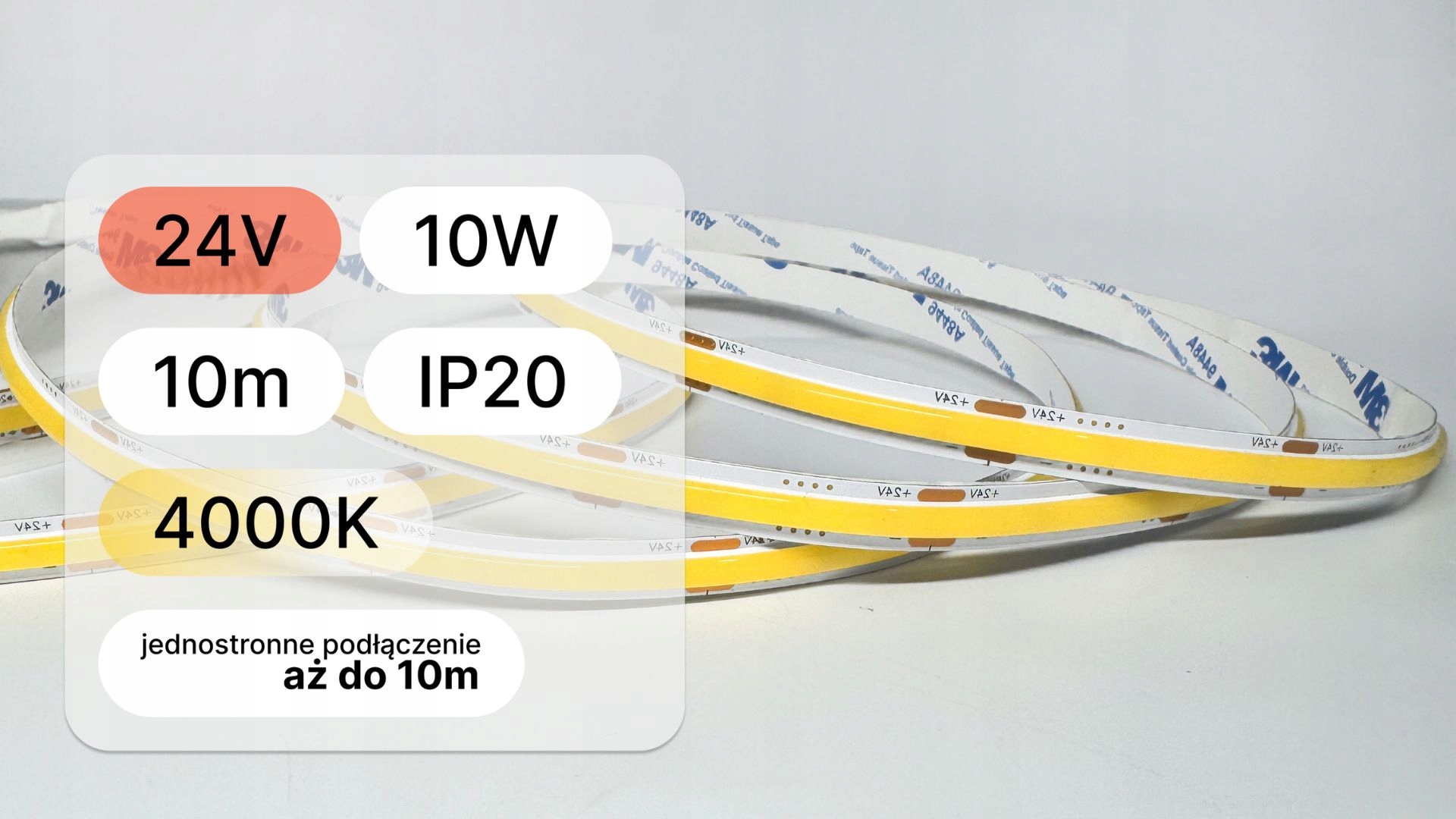 Led pásek Cob 24V 10 metrů 10W/m 480LED/m neutrální 4000K Cri >90