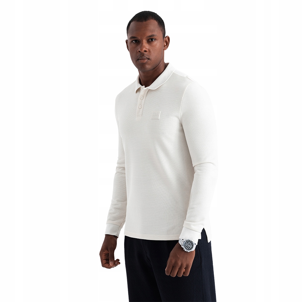 Strukturalny longsleeve męski polo z naszywką biały V2 OM-POLS-0131 M