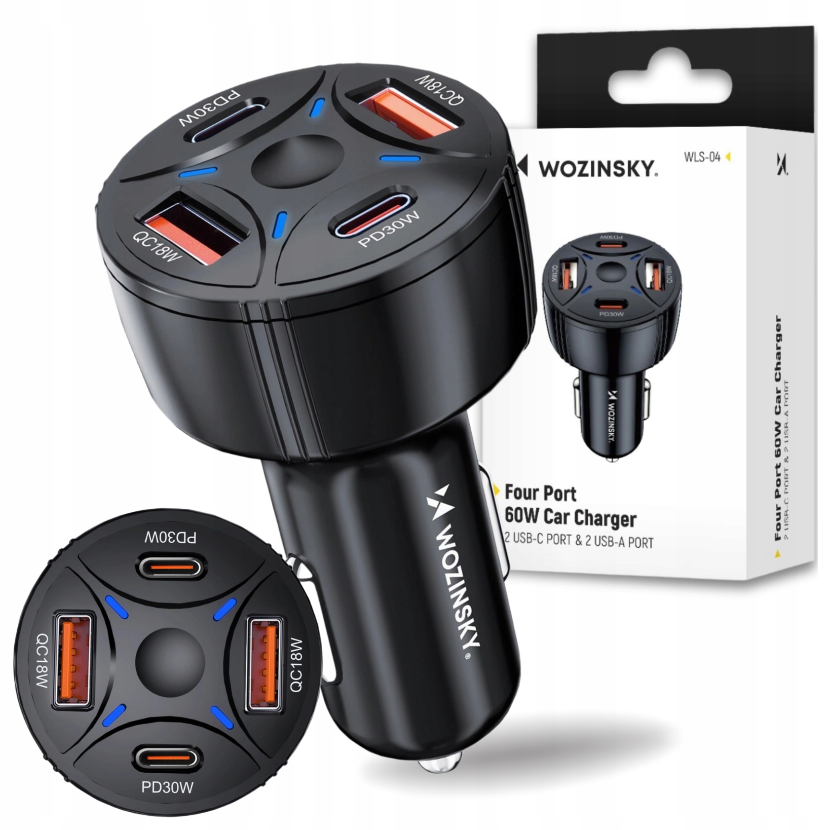 Ładowarka samochodowa Wozinsky Wls- 04 60W 2xUSB- C 2xUSB- A czarna