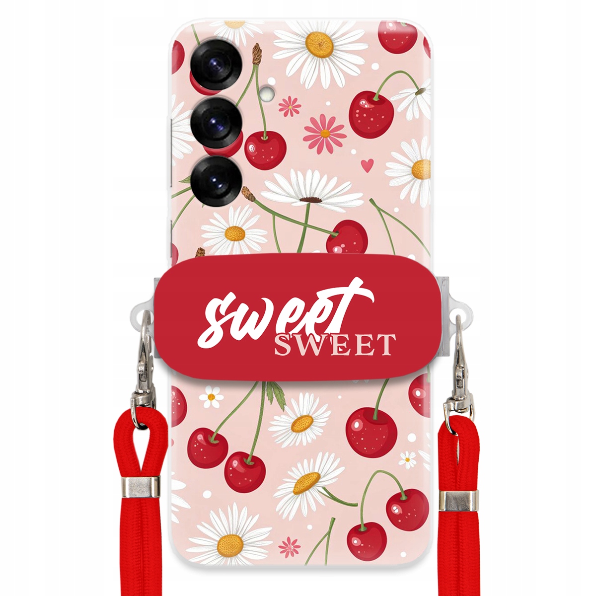 Puzdro pre Samsung S25 Červené vodítko držiak Sweet Sweet Čerešňa a sedmokráska