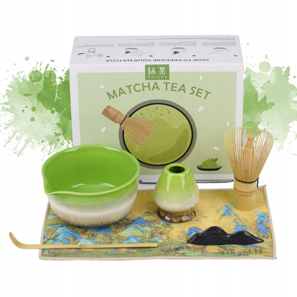 Levně Sada na přípravu čaje Matcha Ceremoniální miska Utěrka zelená 6 ks