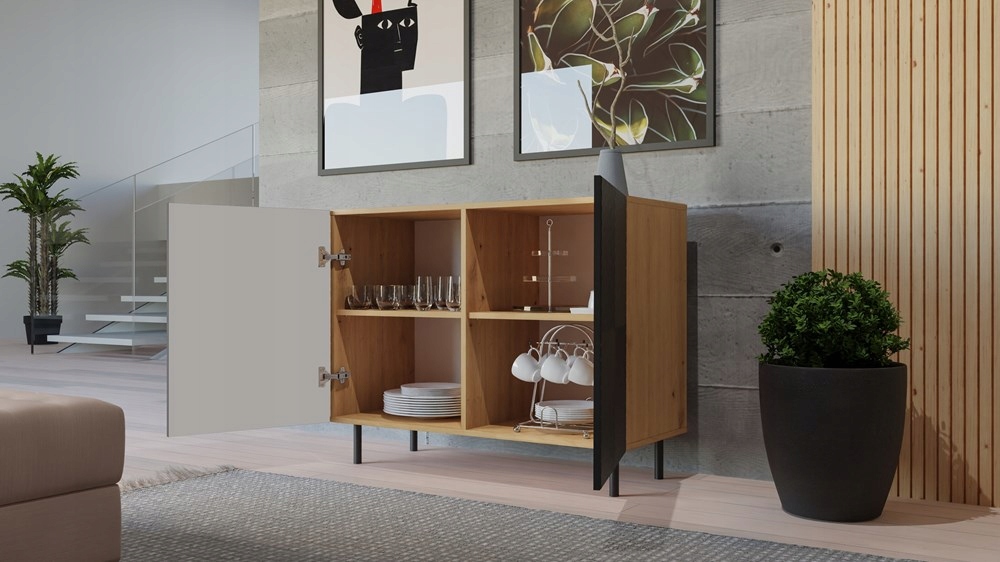 KOMODA 100 cm SZAFKA NOWOCZESNA POJEMNA PÓŁKI DRZWI LAMELE ARTISAN CZERŃ Szerokość mebla 100 cm