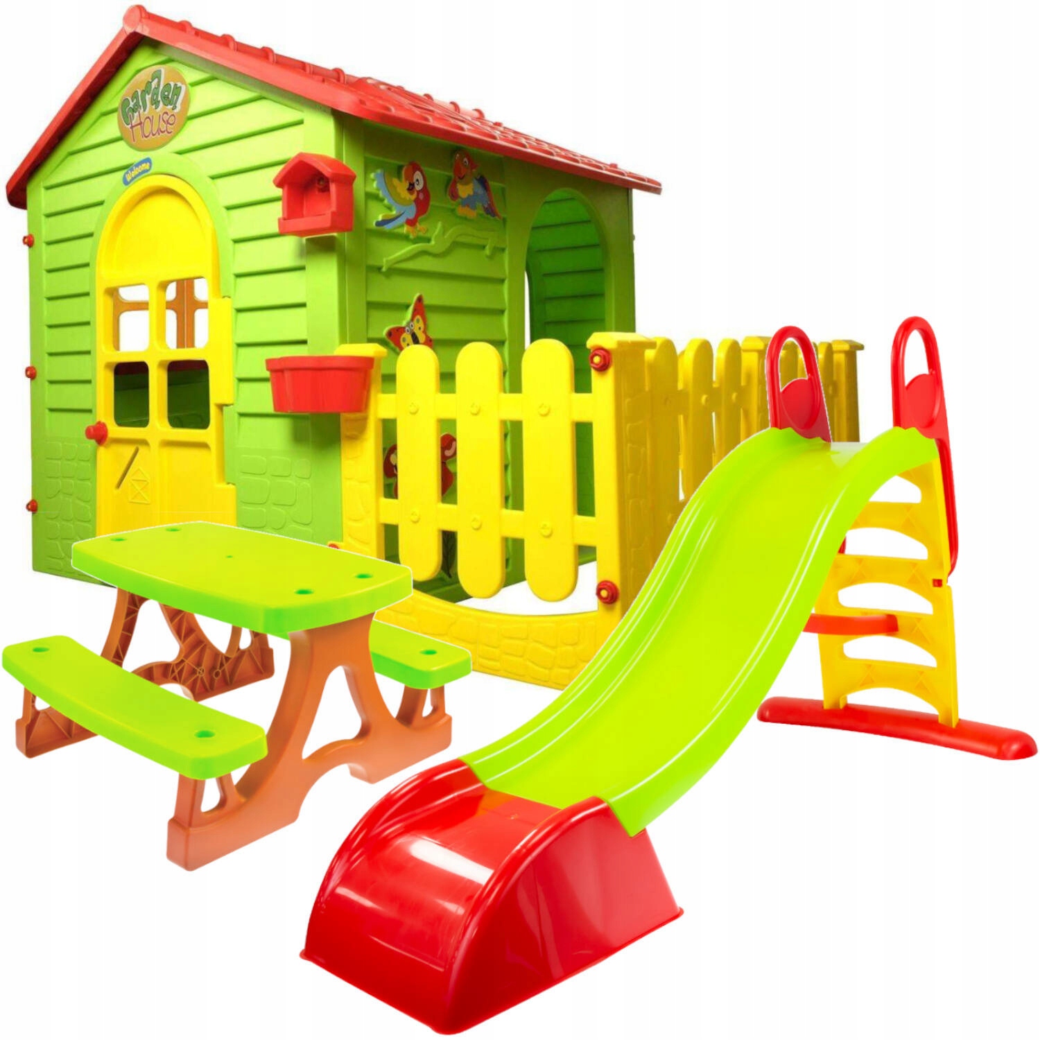 Domek Ogrodowy Z Płotkiem Zjeżdżalnia Stolik Plac Zabaw 3w1 Mochtoys polski