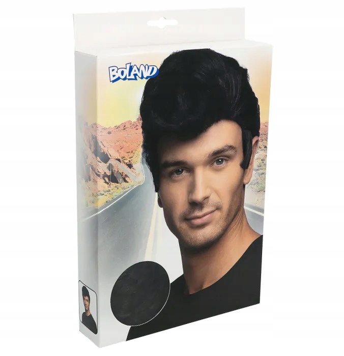 PERUKA MĘSKA CZARNA Z BAKAMI ELVIS ROCK LATA 50' Marka Boland