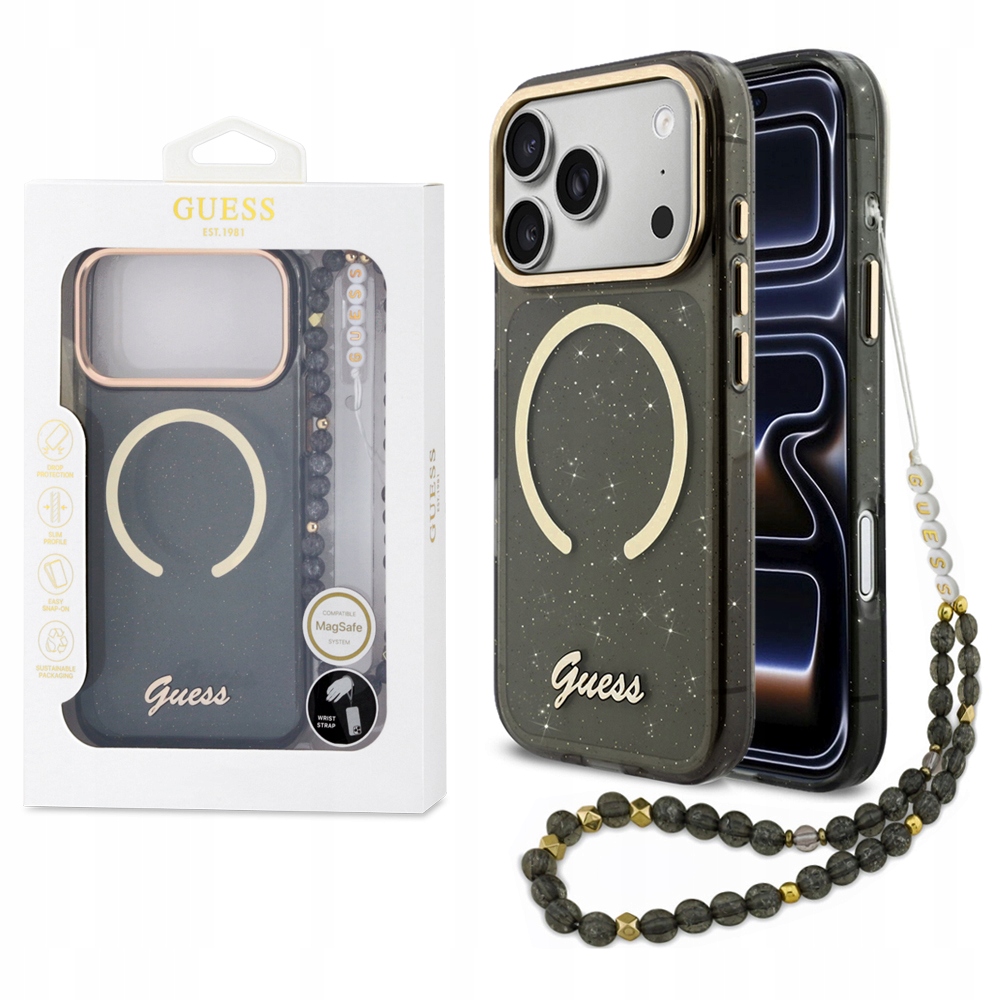 Guess pouzdro přívěsek přívěsek na klíče na ruku s brokátem pro MagSafe pro iPhone 17 Pro