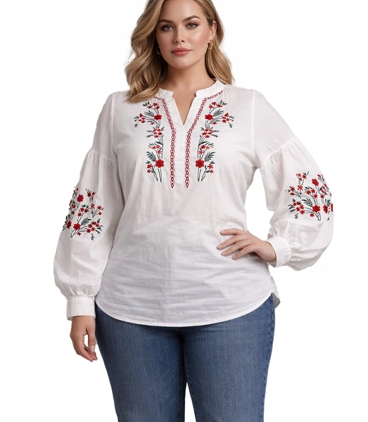 Košilová halenka Plus Size bavlna folk s květinovou výšivkou 5XL