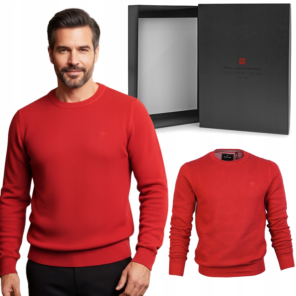Sweter Męski Klasyczny Czerwony Bawełna 3XL Pako Jeans Pudełko
