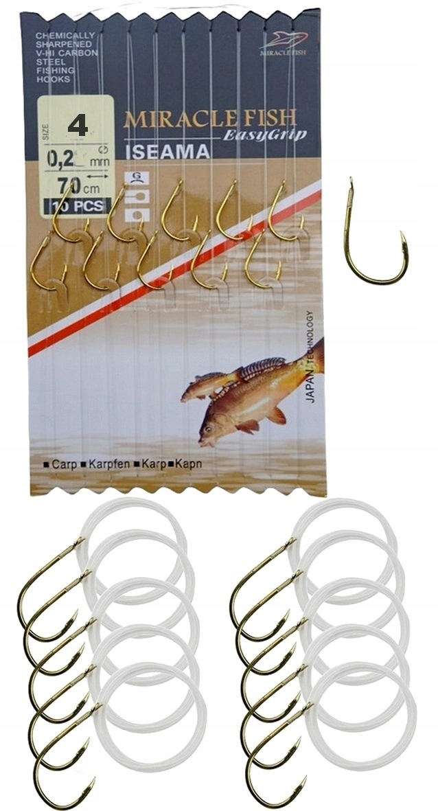 Haczyki Wiązane Iseama Karp Nr 4 – 0,20 mm 70 cm 10 Szt Przypony+haczyk