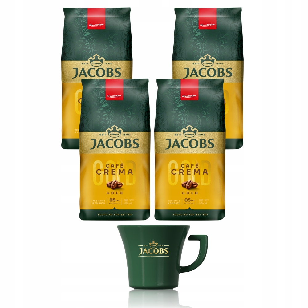 Kawa ziarnista Jacobs Crema Gold zestaw kaw 4x 1kg Filiżanka Gratis!