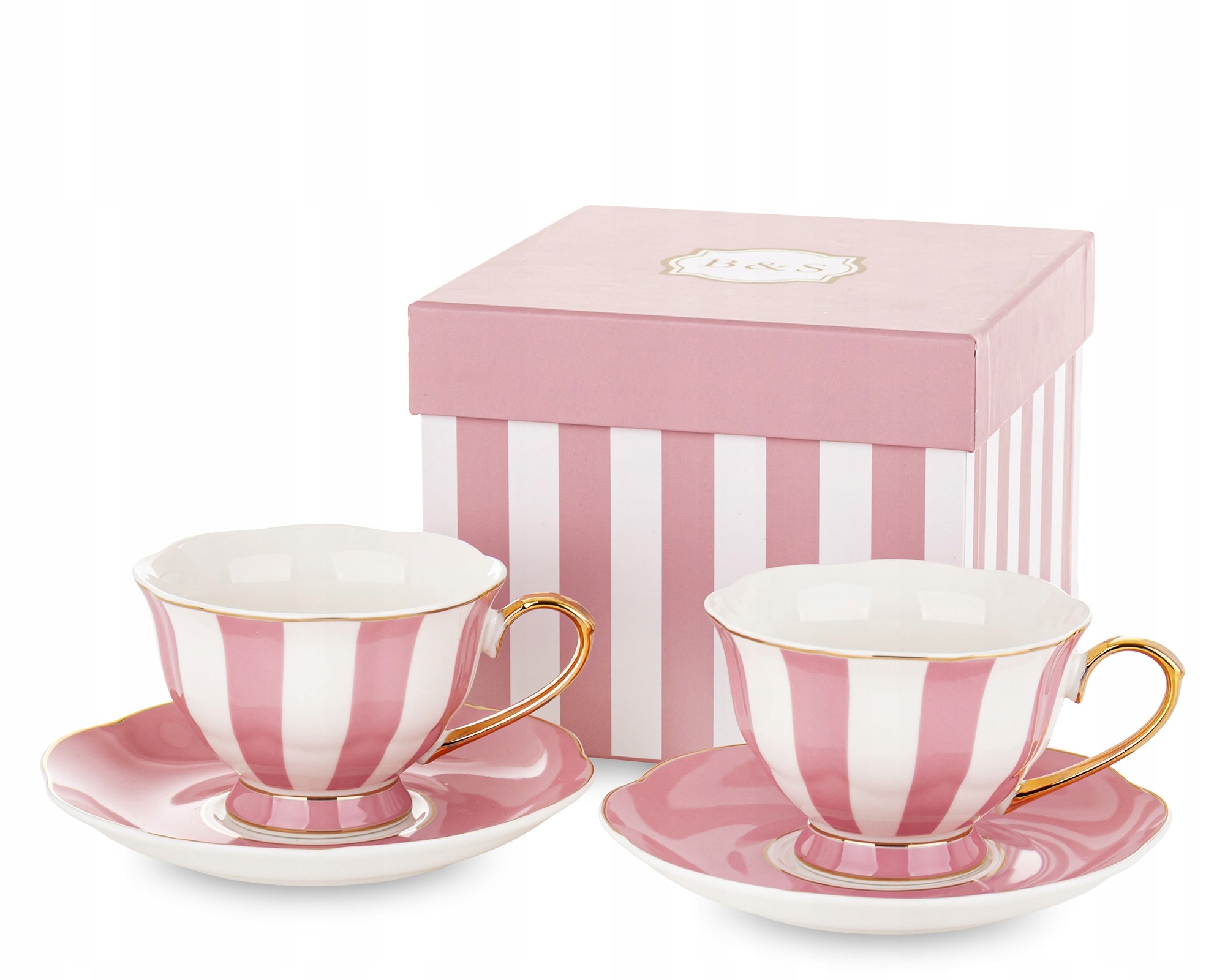Šálky s podšálkem, proužky bílo růžové Komplet 220 ml Bílá Růžová Zlatá