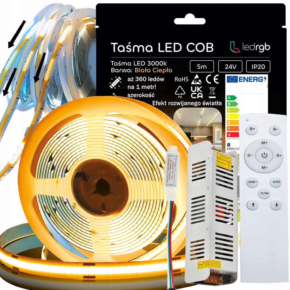 Set Led Páska 5 m Bílá Teplá 3000K Digitální Plovoucí Dálkový Ovladač Napájecí Adaptér 24V
