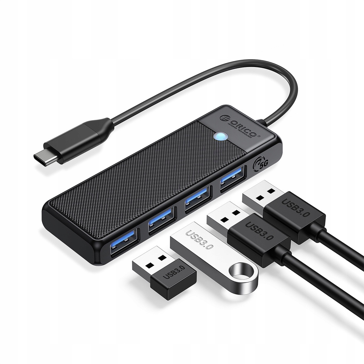 Orico Hub USB-C - 4x USB-A 3.0 5 Gbps LED zgodny z Thunderbolt 3/4 Kod producenta PAPW4A-C3-015-BK-EP