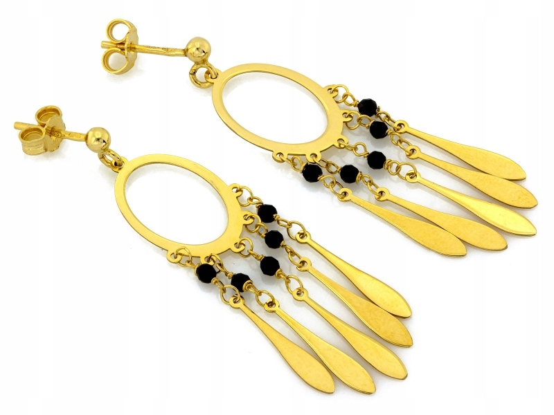 Náušnice zlaté velké dlouhé pr 585 pohyblivé prvky s černými zirkony
