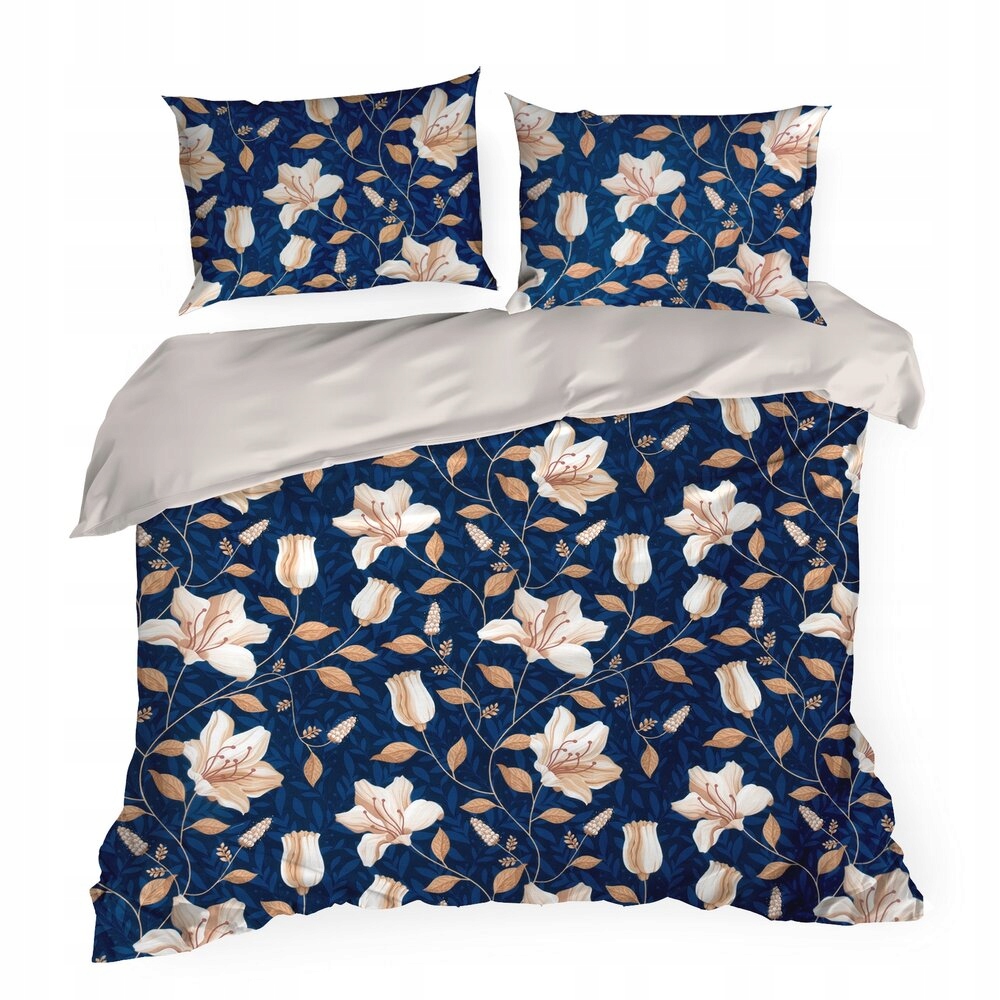 Posteľná Bielizeň saténové Nika 200x220 Eurofirany tmavomodrá marhuľová veľké kvety