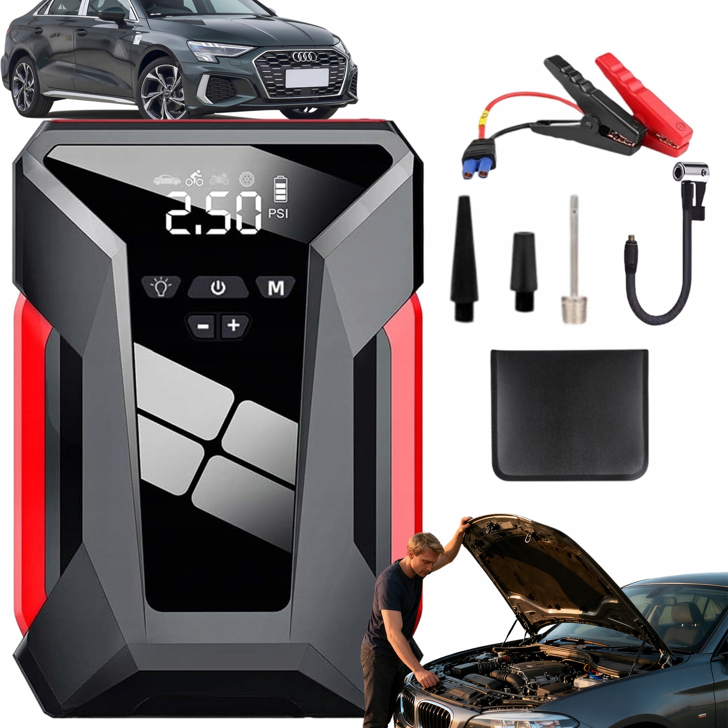 Jump Starter Kompresor Pumpa Start Booster Powerbank Sada