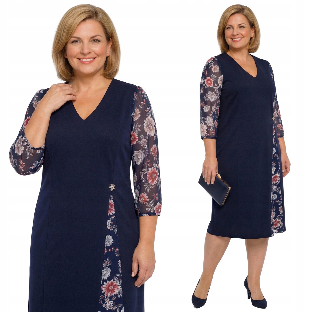 Tmavě modrá šaty s šifonovými rukávy s květinami a velikostí velikost 48/50