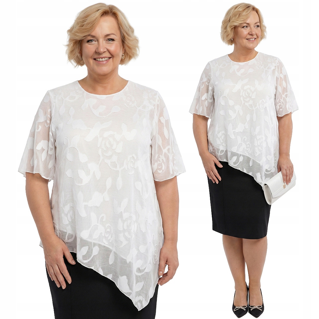 Bílá asymetrická tunika s bílo-zlatými vzory plus size velikost 52