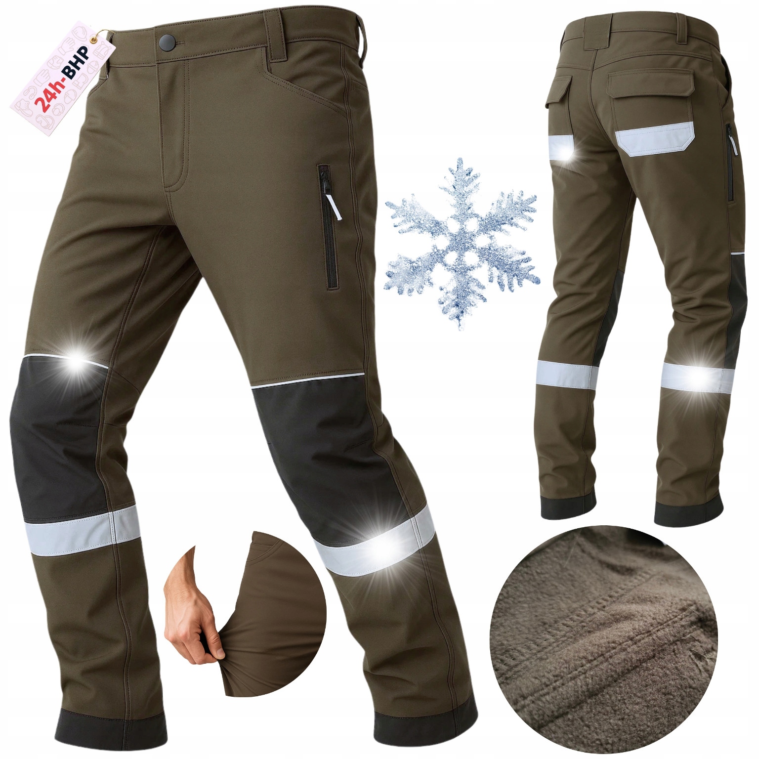 Zateplené Softshellové Pracovní kalhoty Bozp Ochranné Elastické Spandex Khaki