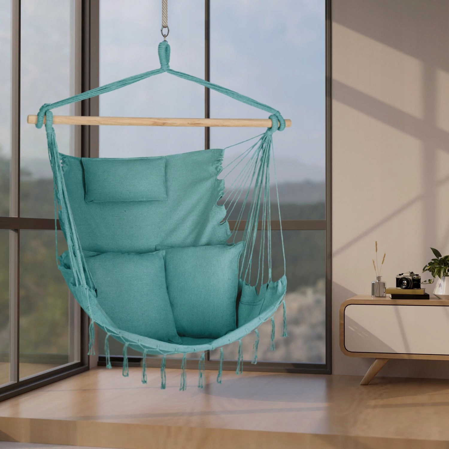 FOTEL WISZĄCY KRZESŁO BRAZYLIJSKE HUŚTAWKA HAMAK BOHO FRĘDZLE OUTTEC Producent Outtec